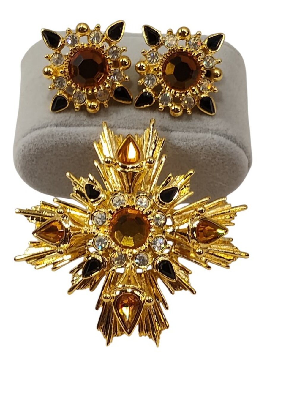 Vintage Joan Rivers Maltese Cross Rhinestone Brooch & Clip On Earrings LOT